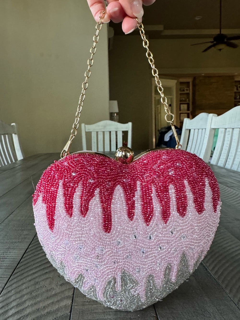 Lulu Pink & Red Beaded Heart Novelty Drip Handbag/Bag/Clutch - Picture 2 of 16